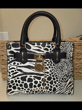 Michael Kors Black & White Animal-Print Satchel with Gold Hardware" Like NEW"